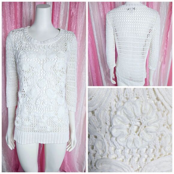 Christopher & Banks White Crochet Cotton Knit Flower Sweater Size Medium - Picture 1 of 15